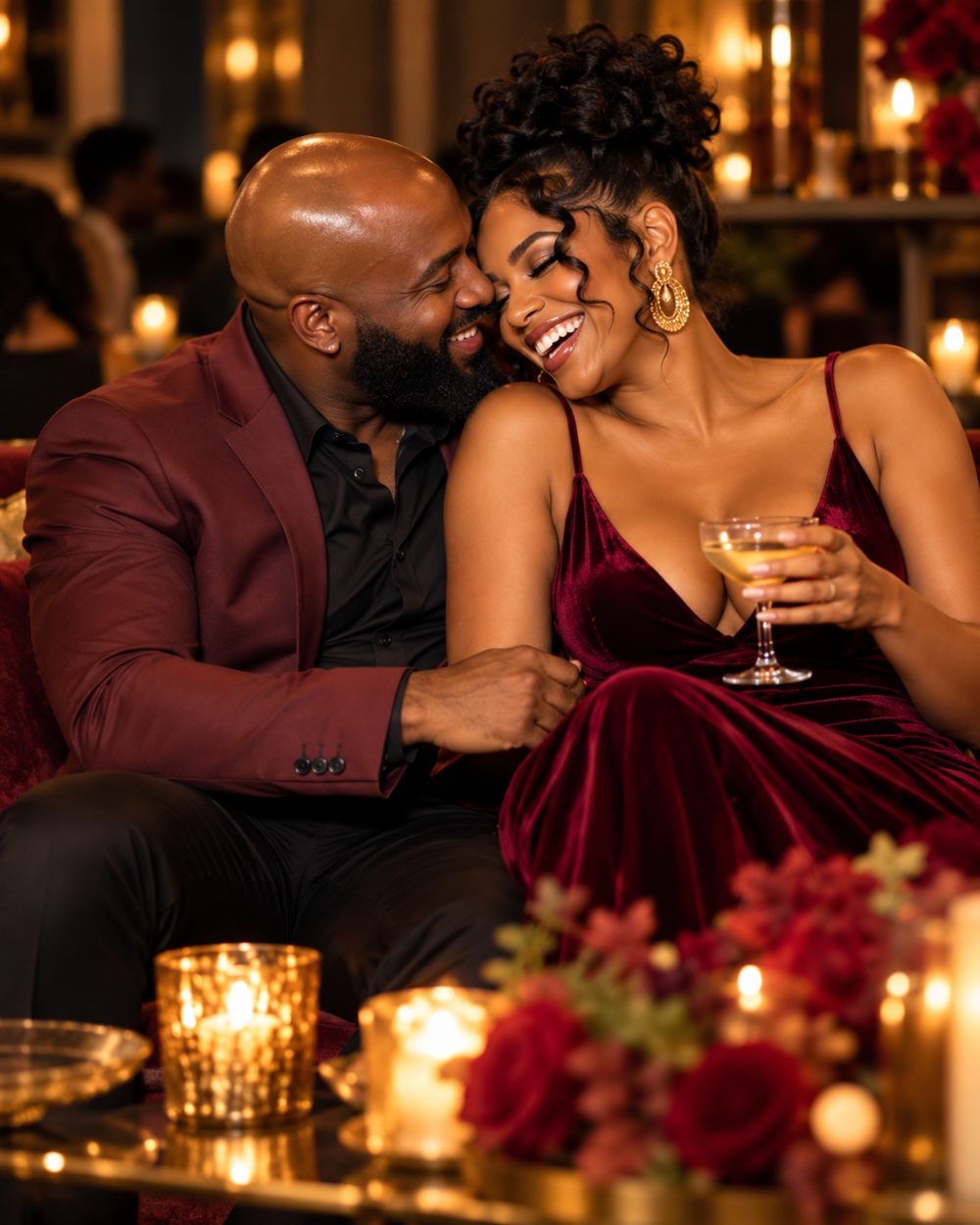 A couple laughing together at a candlelit lounge