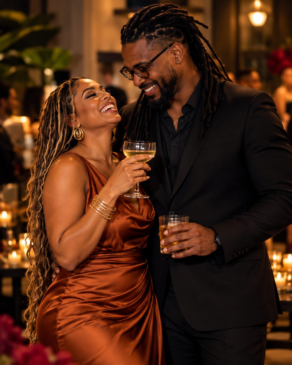 Couple laughing and toasting