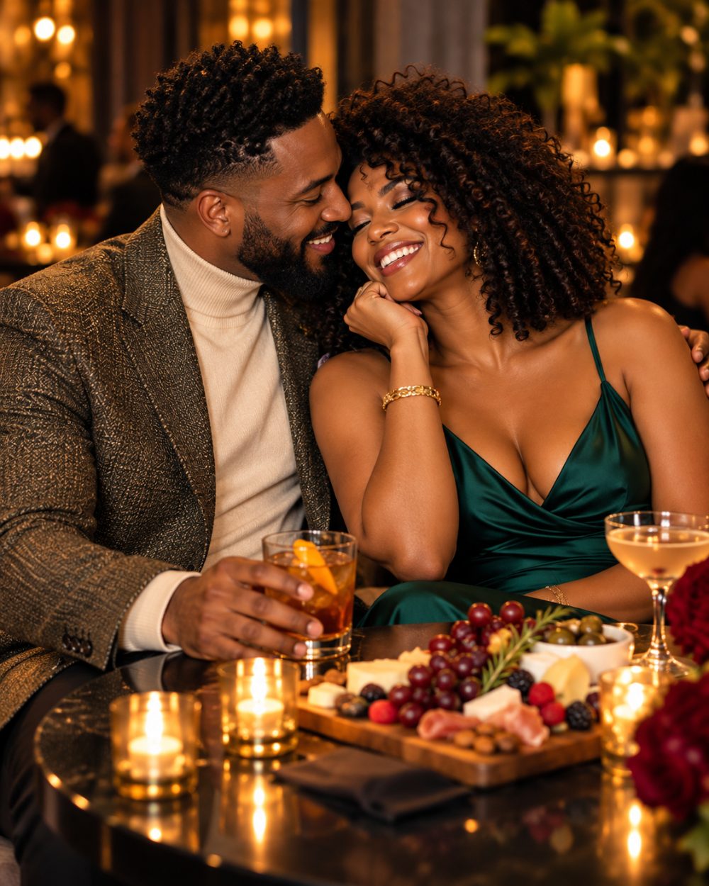 Couple with charcuterie and cocktails